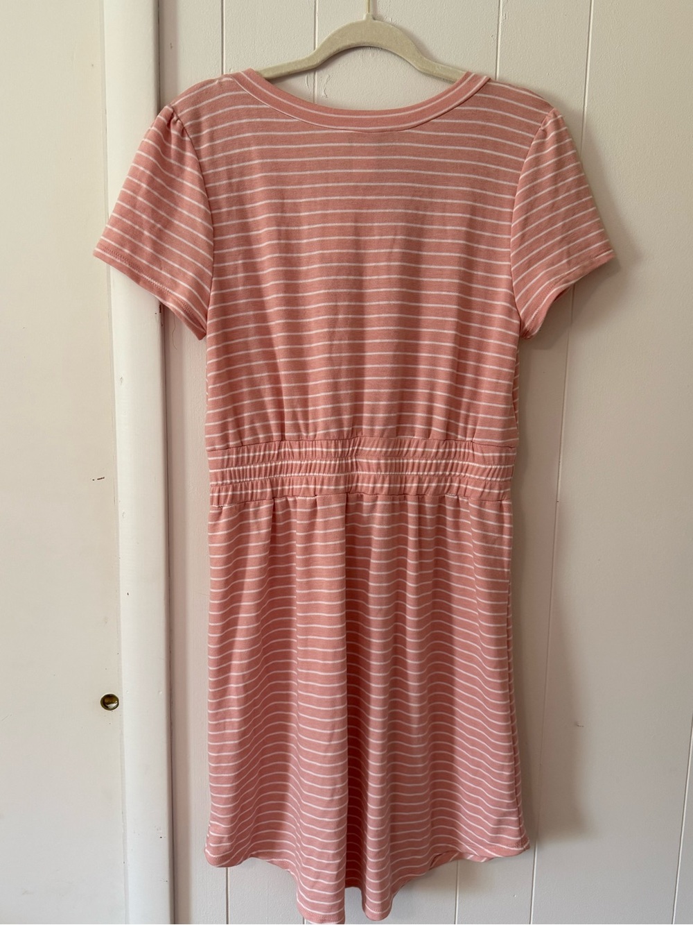 Gilli Pink and White Striped Short Sleeve Drawstring Waist Dress - Picture 6 of 8